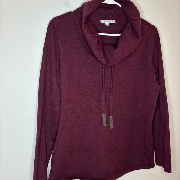 CHICO'S Cowl Neck Sweater Womens M Burgundy Drawstring Long Sleeve - Picture 7 of 8